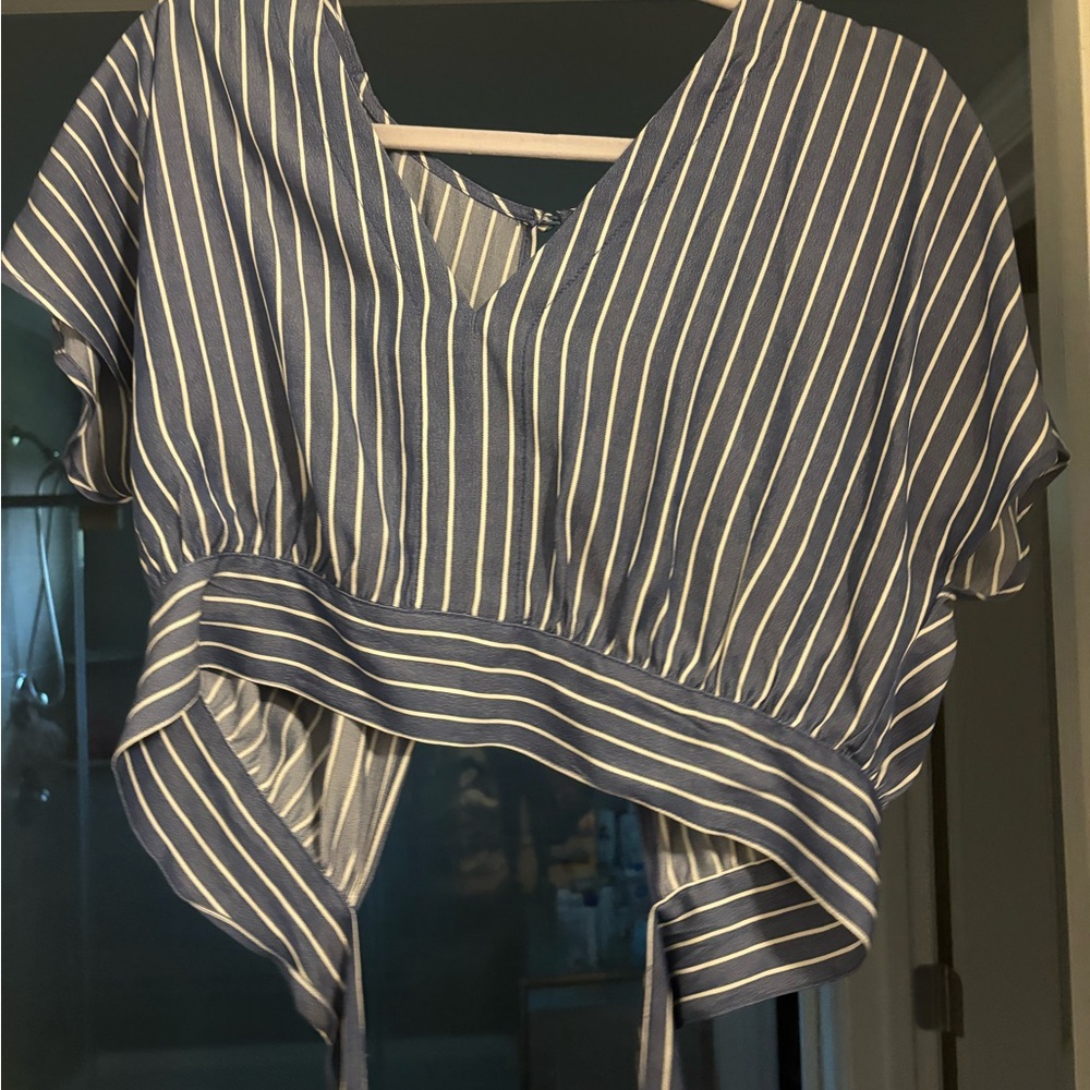 Francesca's Collections Navy and White Striped V-Neck Blouse